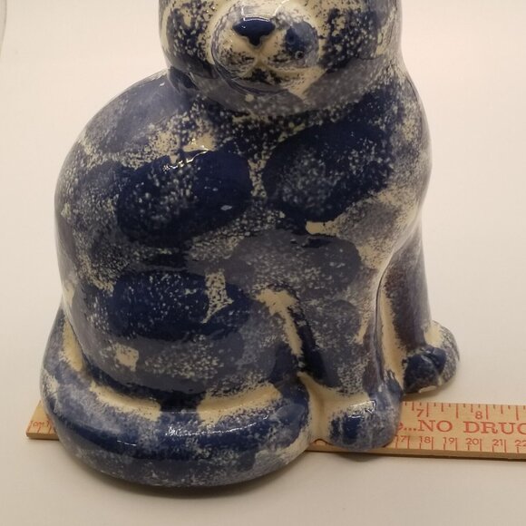 Vintage 80s Patchwork Ceramic Cat Figurine Blue Glossy Collectible 9" Hand Paint - Picture 11 of 12